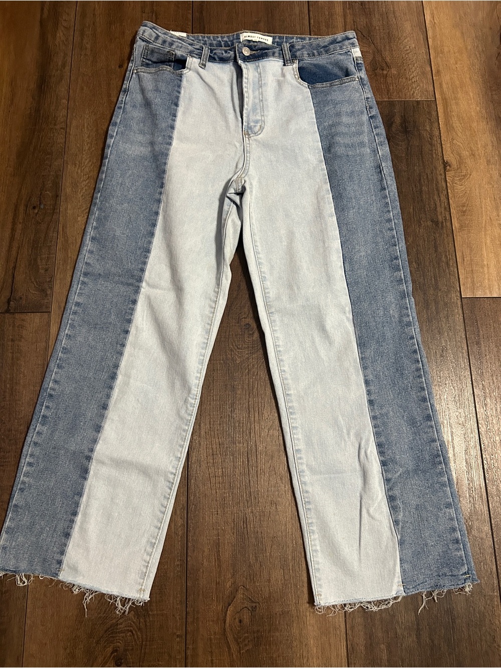 Almost Famous Colorblock Wide Leg Raw Hem Patchwork Jeans Size 13 Two-Tone